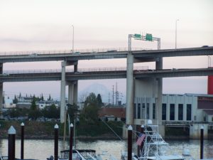 The Marquam Bridge carries I-5 over the Willamette River in Portland, Oregon