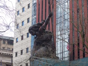 Side view of the Portlandia Statue in downtown Portland, Oregon