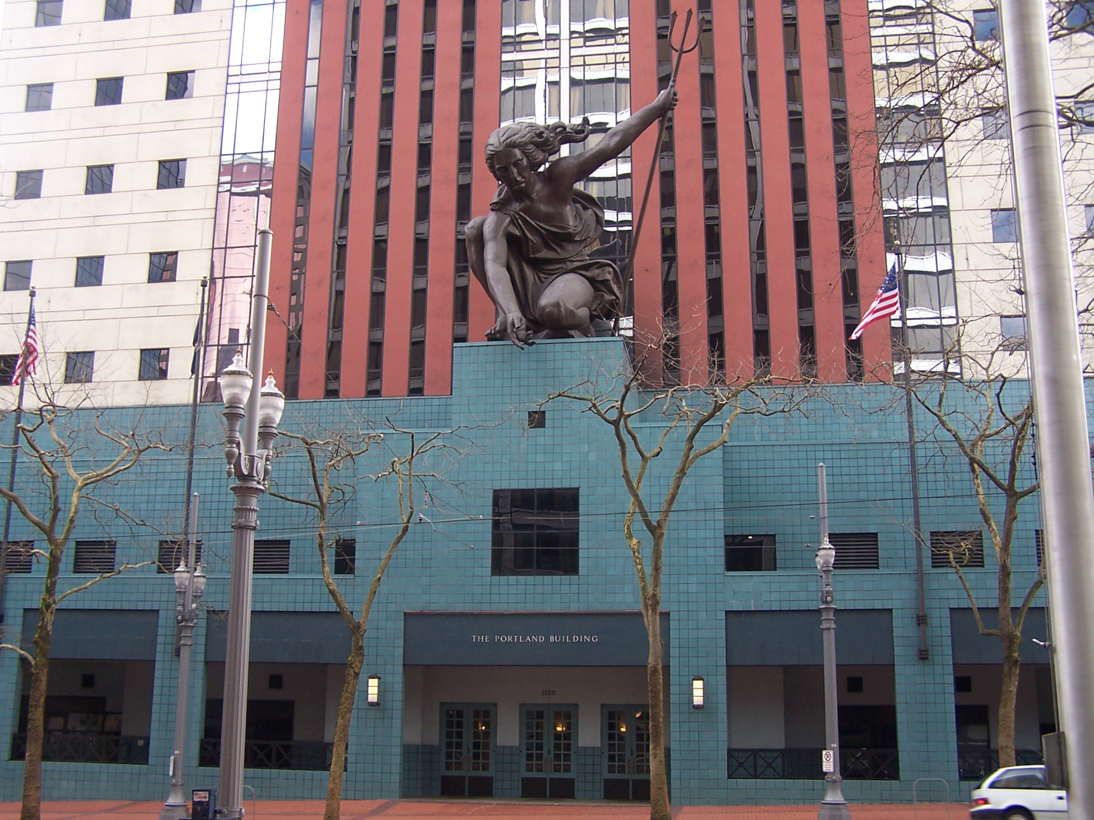 Entrance to the Portland Building, featuring the Portlandia Statue, in downtown Portland, Oregon