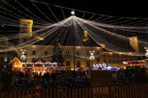 Stringed lights illuminate the Christmas market in Sibiu, Romania